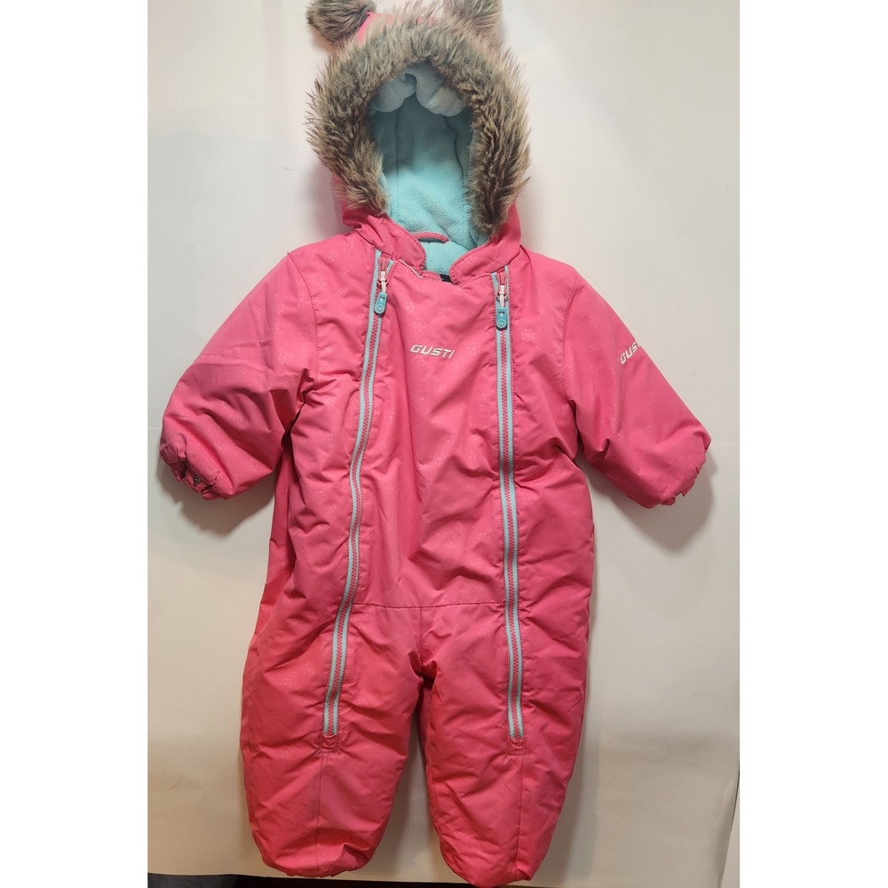 Gusti Pink Toddler Snowsuit Faux Fur Ear Hood Fleece‎ Lined One Piece 24M
